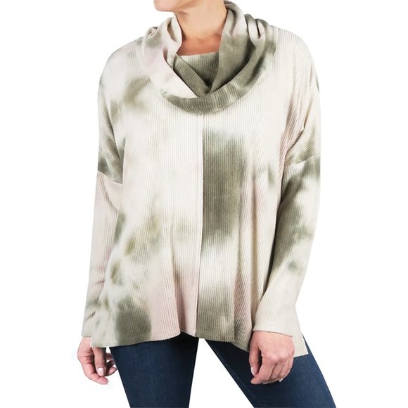 Chenault Sweaters - NEW Status by Chenault Tie Dye Cozy Seam Front Cowl Neck Pullover Olive Green M